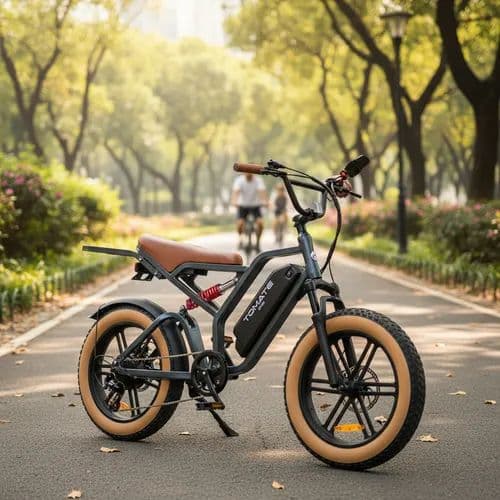 Bike elétrica em uso em um parque arborizado