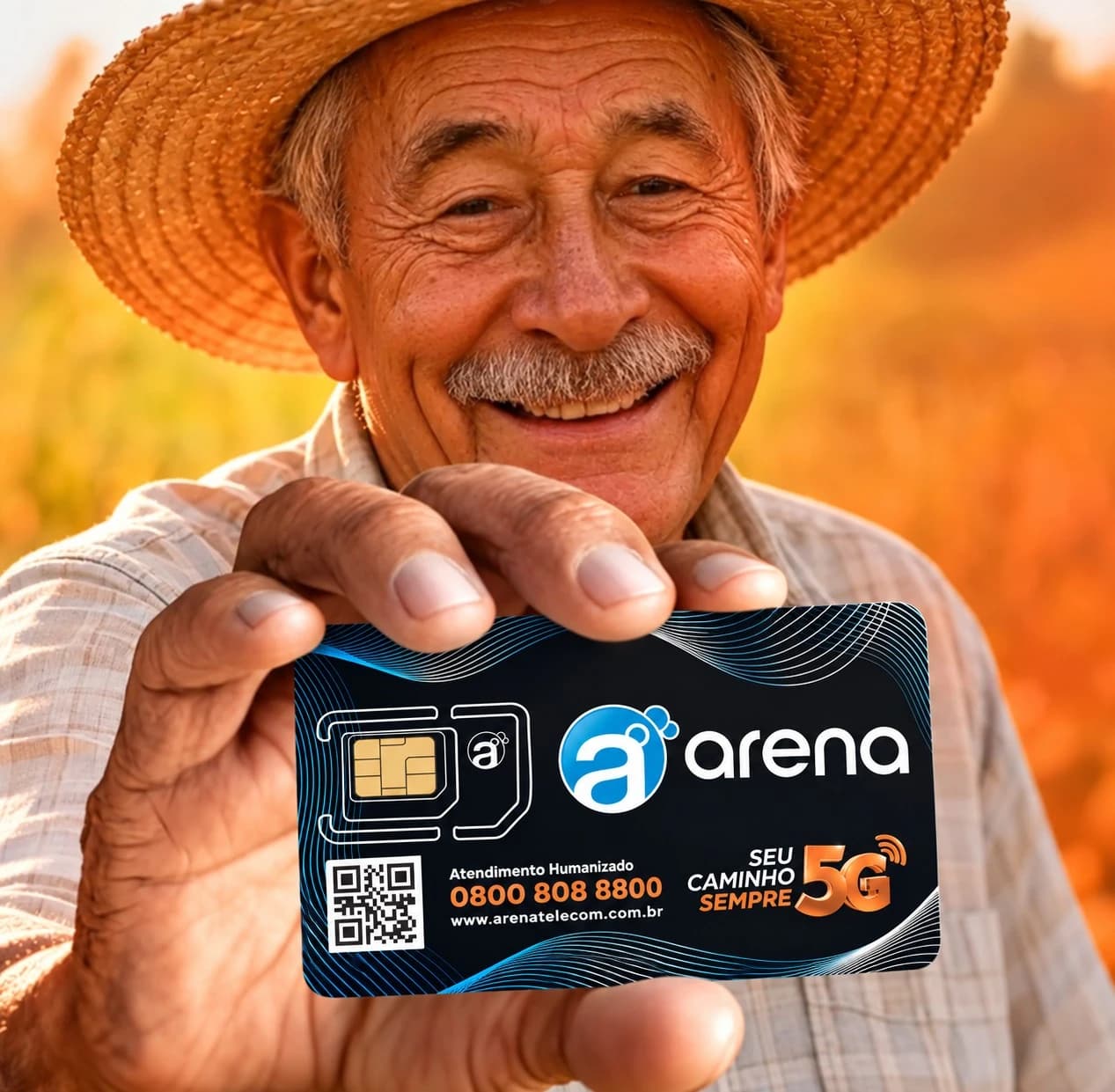 Cliente sorridente segurando o chip 5G da Operadora Arena